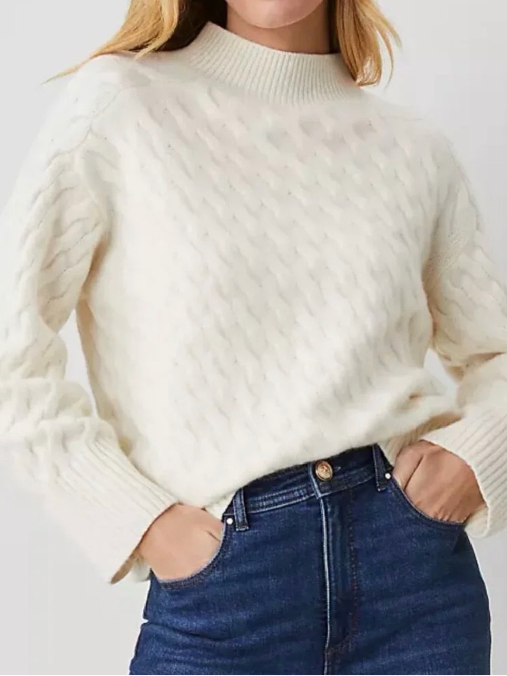 Ann Taylor Crewneck Cashmere Cable Knit Sweater - Cream